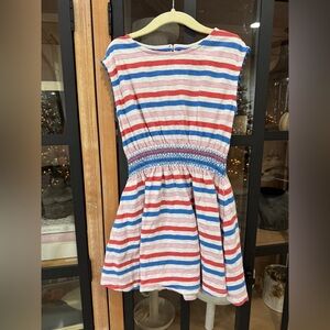 Mini Boden striped dress pom poms toddler girl cobalt pink strawberry tart smock